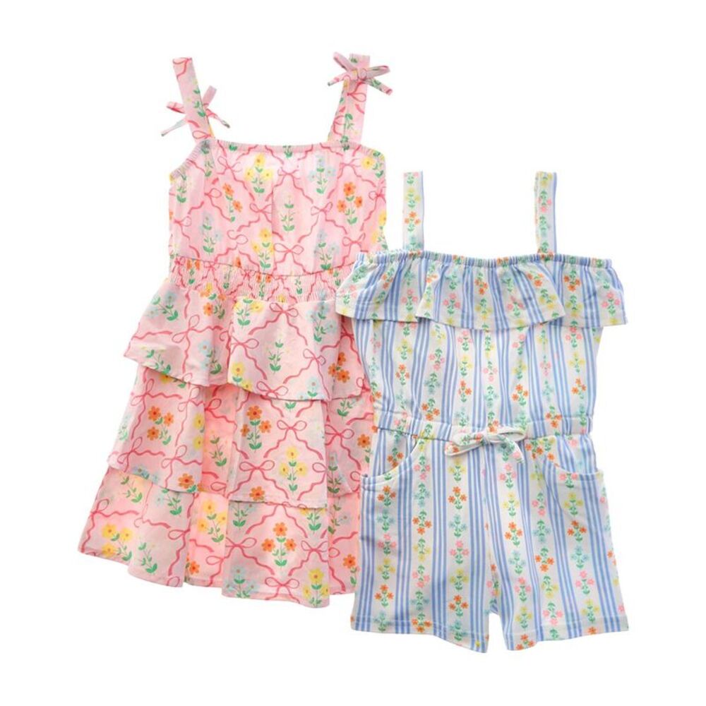 Freestyle Girls  2Pk Country Coquette Woven Dress & Knit Romper Set, Pink